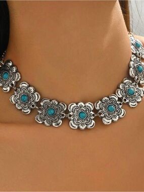 Turquoise Flower Statement Necklace - Silver Floral Choker